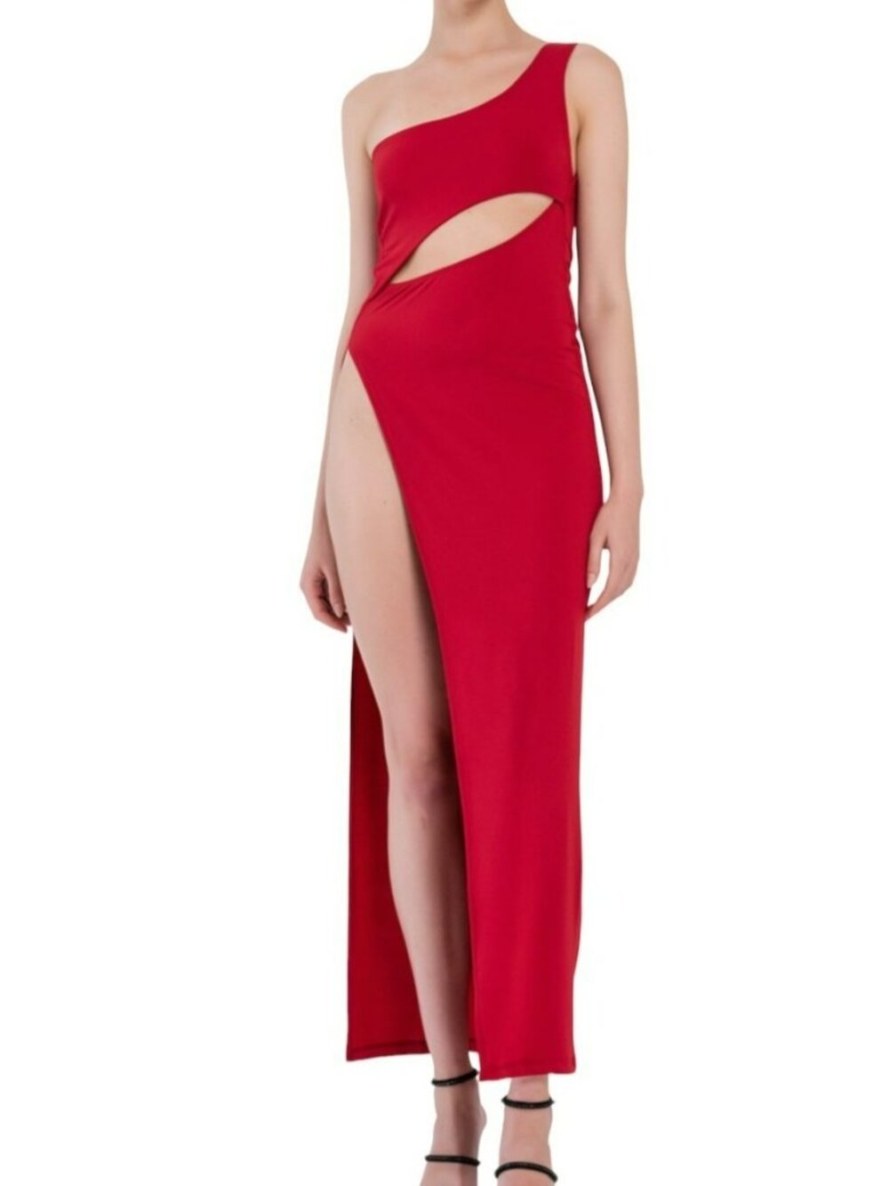 KikiRiki One Shoulder Cutout High Slit Maxi Dress Red Size Small NWT